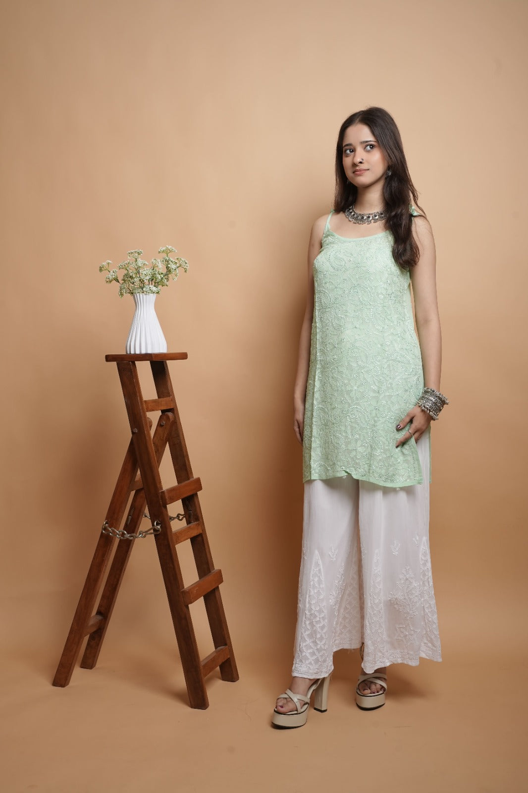 Chikankari Short Noodle Strap Kurta | Georgette | Pastel Green
