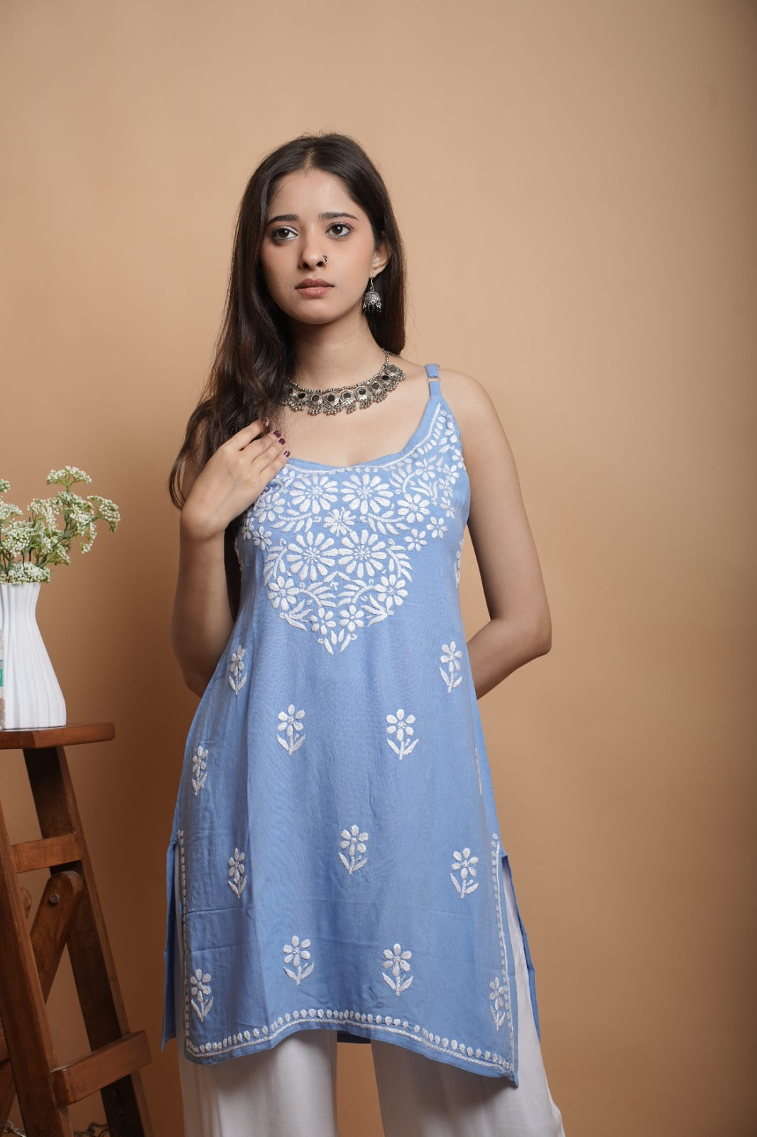Chikankari Short Noodle Strap Kurta | Cotton Blend | Powder Blue