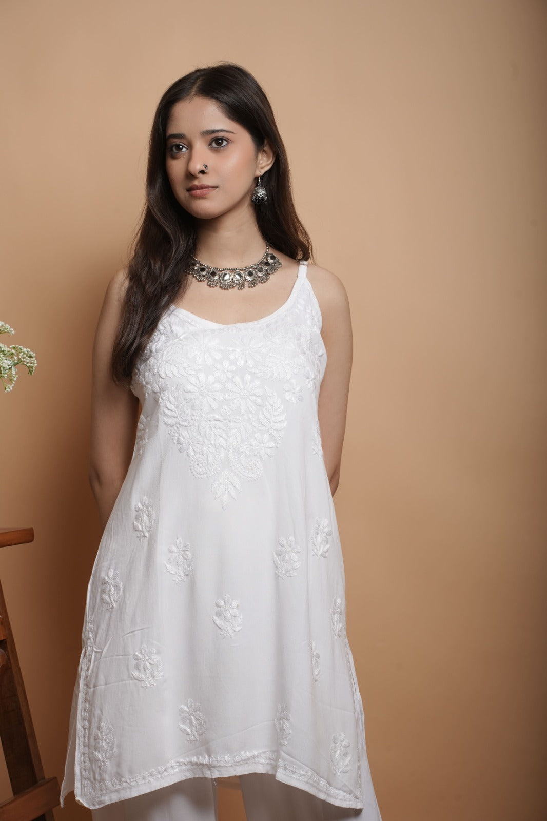 Chikankari Short Noodle Strap Kurta | Cotton Blend | Classic White