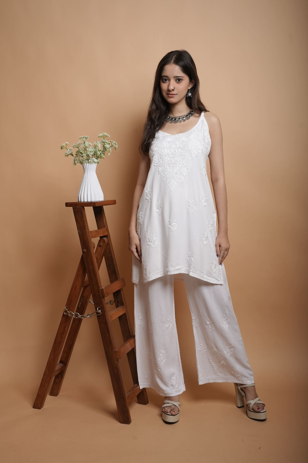 Chikankari Short Noodle Strap Kurta | Cotton Blend | Classic White