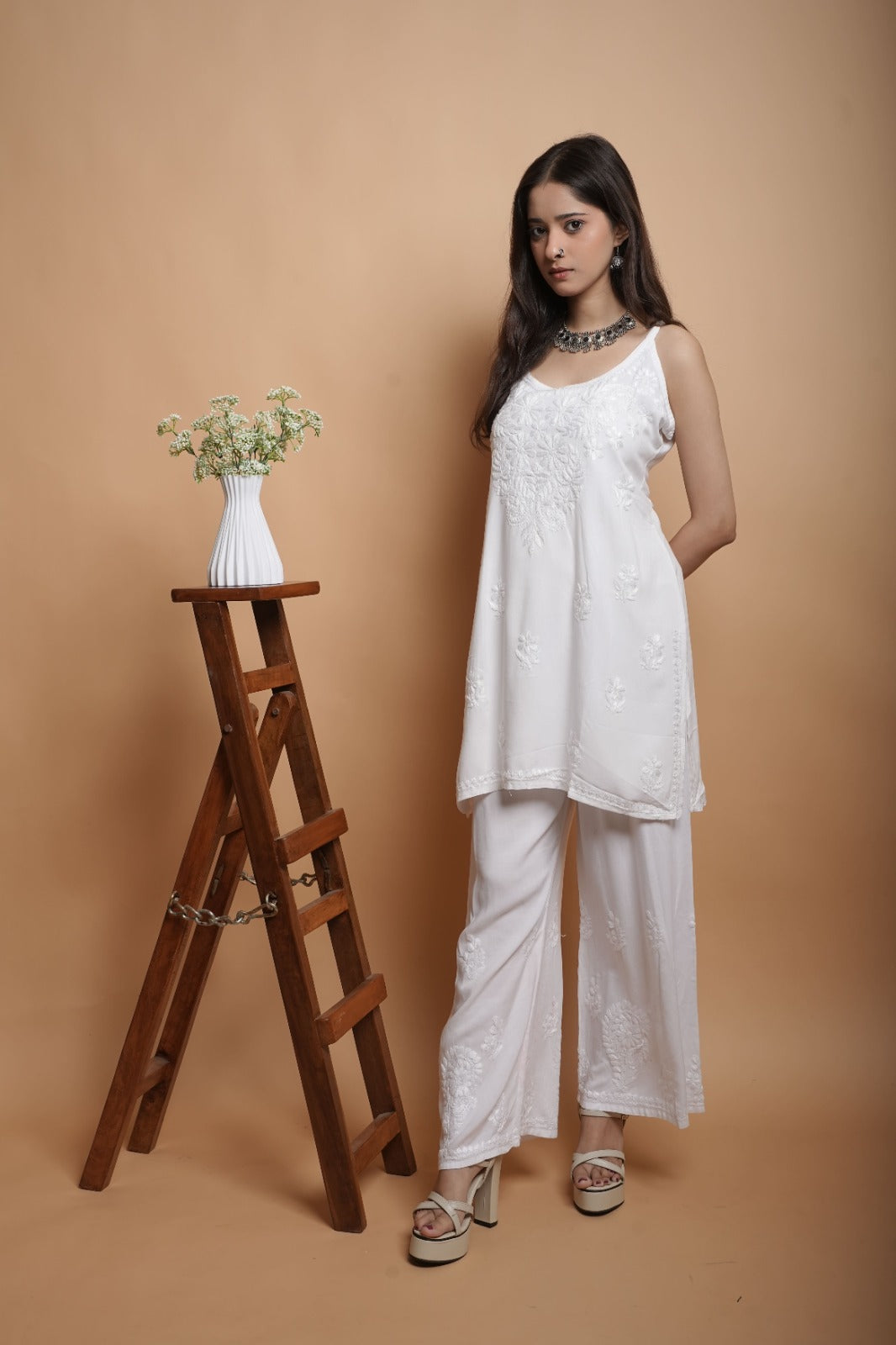 Chikankari Short Noodle Strap Kurta | Cotton Blend | Classic White