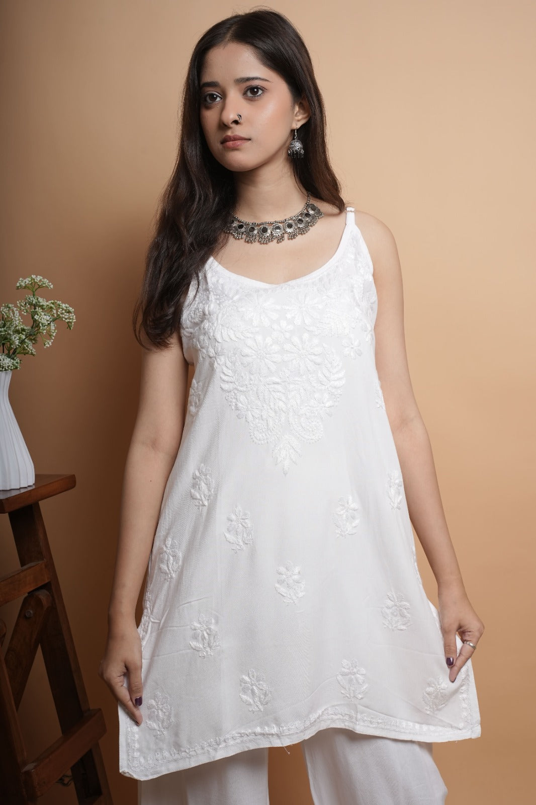 Chikankari Short Noodle Strap Kurta | Cotton Blend | Classic White
