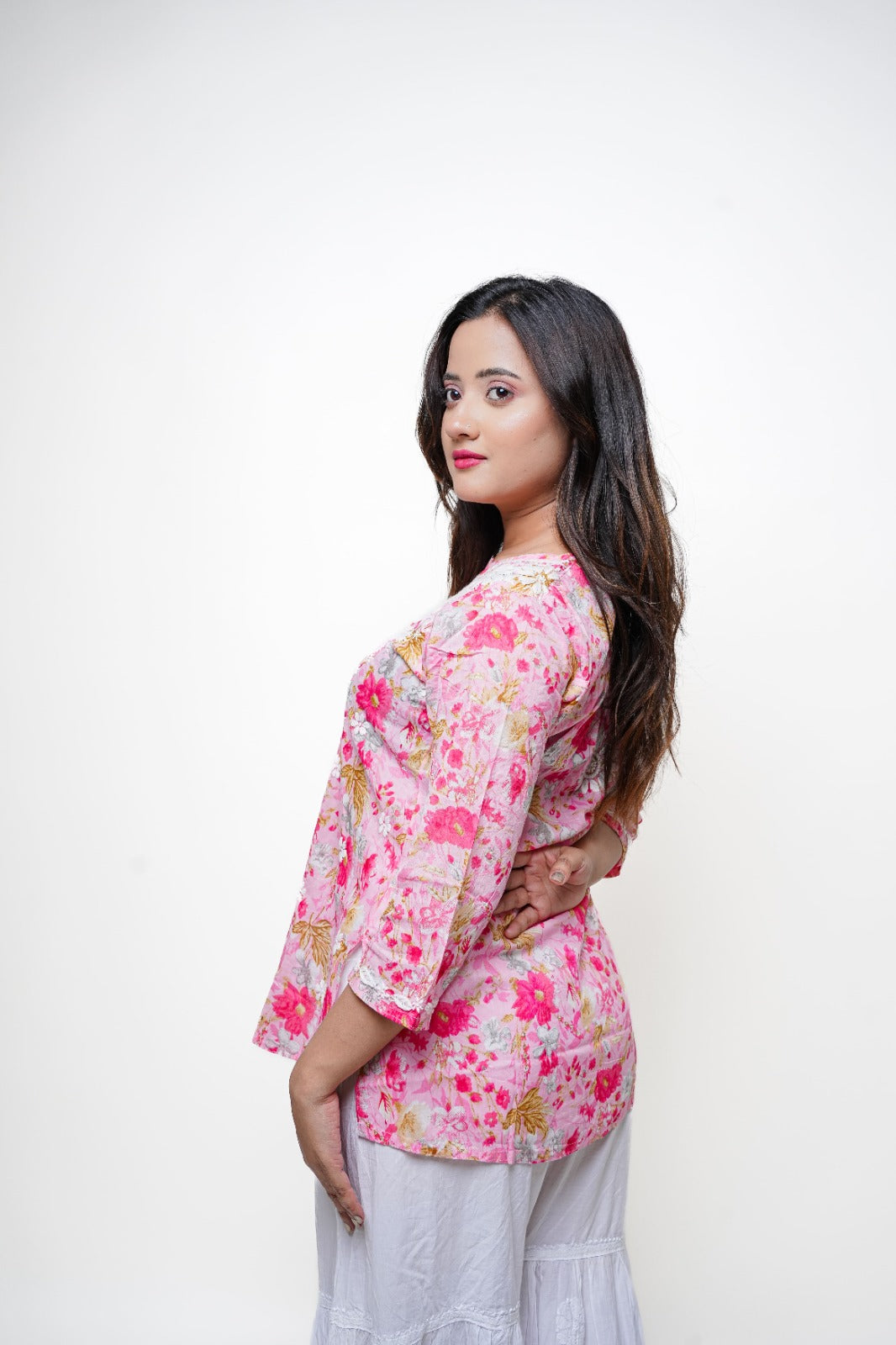 Chikankari Hand Embroidered | Short Kurti | Mul Cotton | Pink Floral