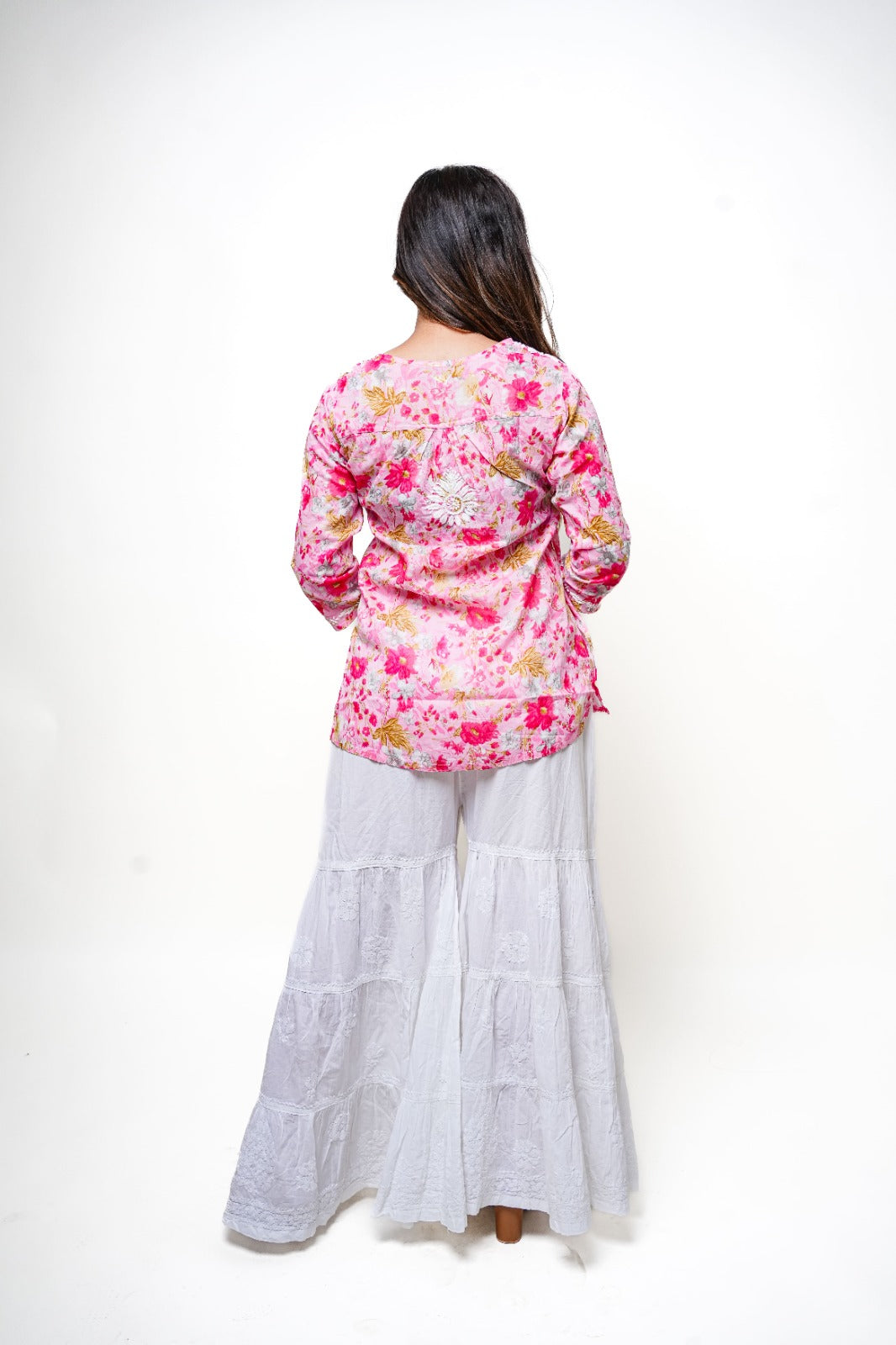 Chikankari Hand Embroidered | Short Kurti | Mul Cotton | Pink Floral