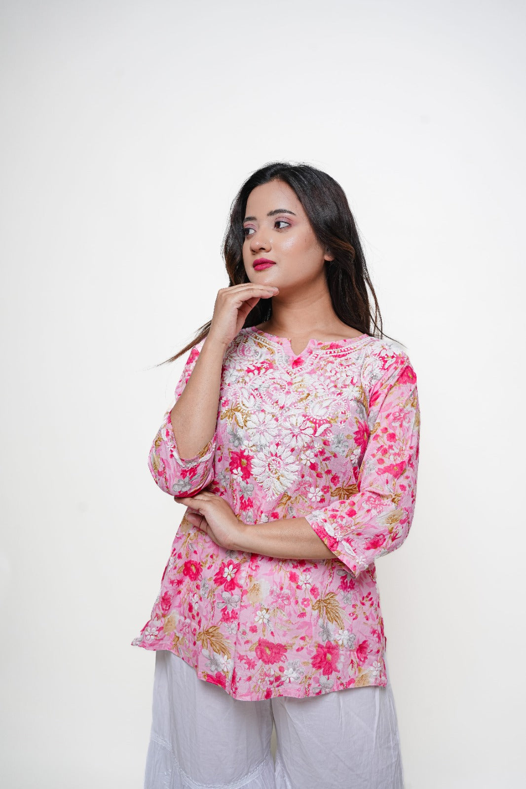 Chikankari Hand Embroidered | Short Kurti | Mul Cotton | Pink Floral