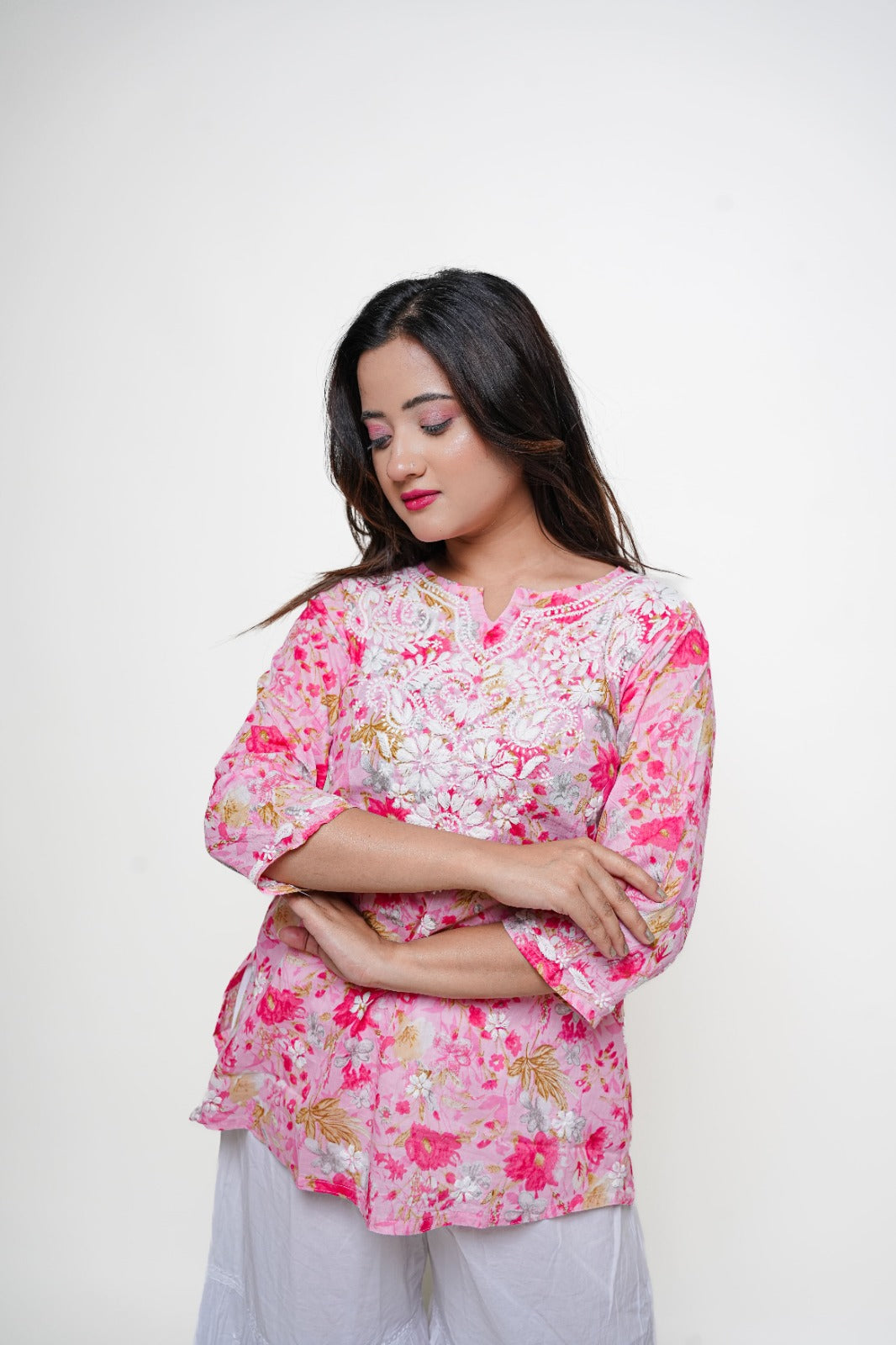 Chikankari Hand Embroidered | Short Kurti | Mul Cotton | Pink Floral