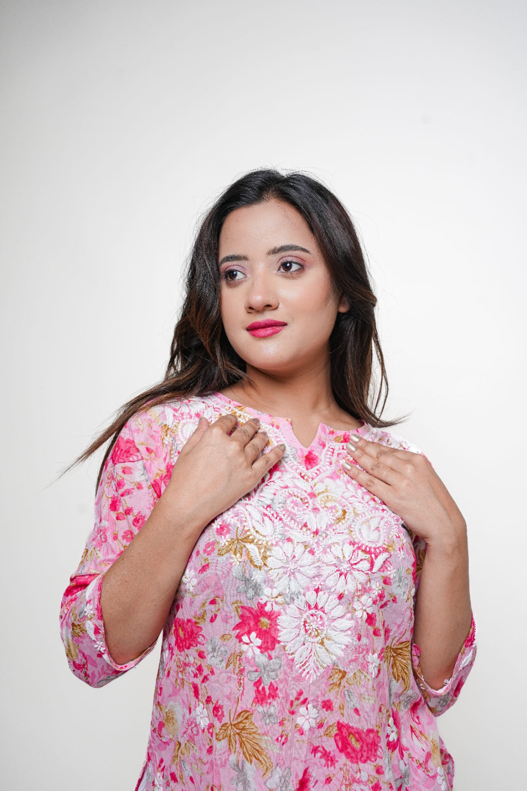 Chikankari Hand Embroidered | Short Kurti | Mul Cotton | Pink Floral