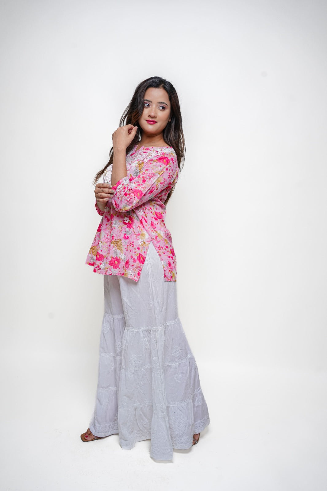 Chikankari Hand Embroidered | Short Kurti | Mul Cotton | Pink Floral