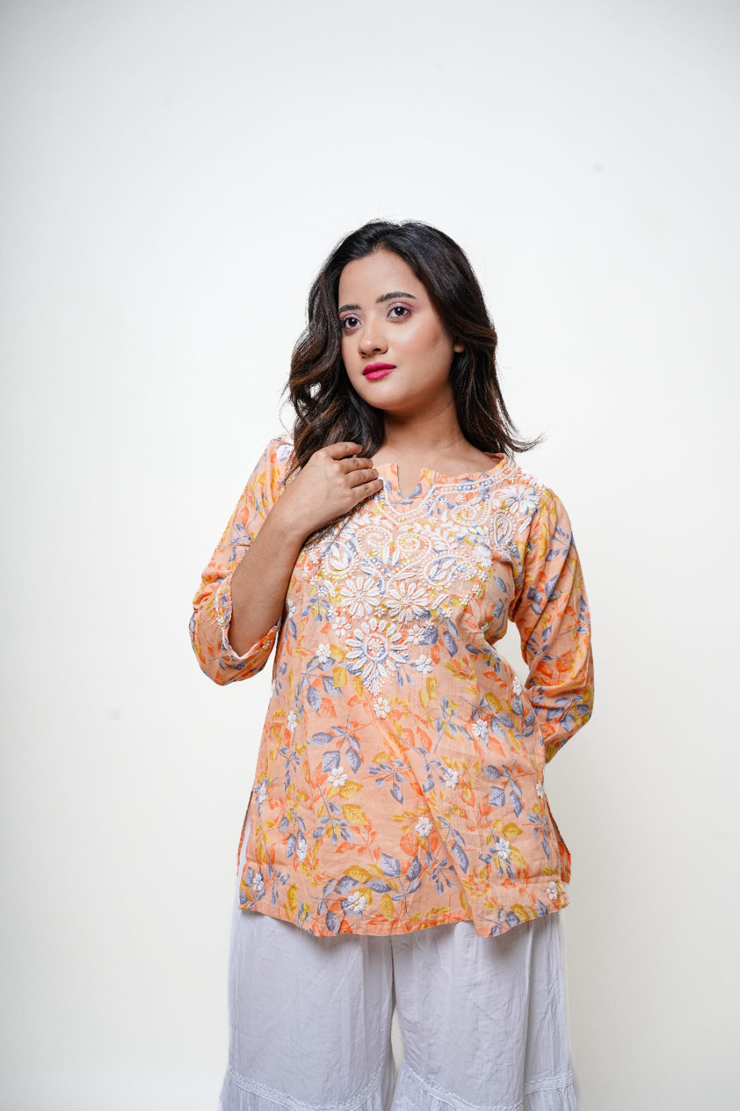 Chikankari Hand Embroidered | Short Kurti | Mul cotton | Peach Floral