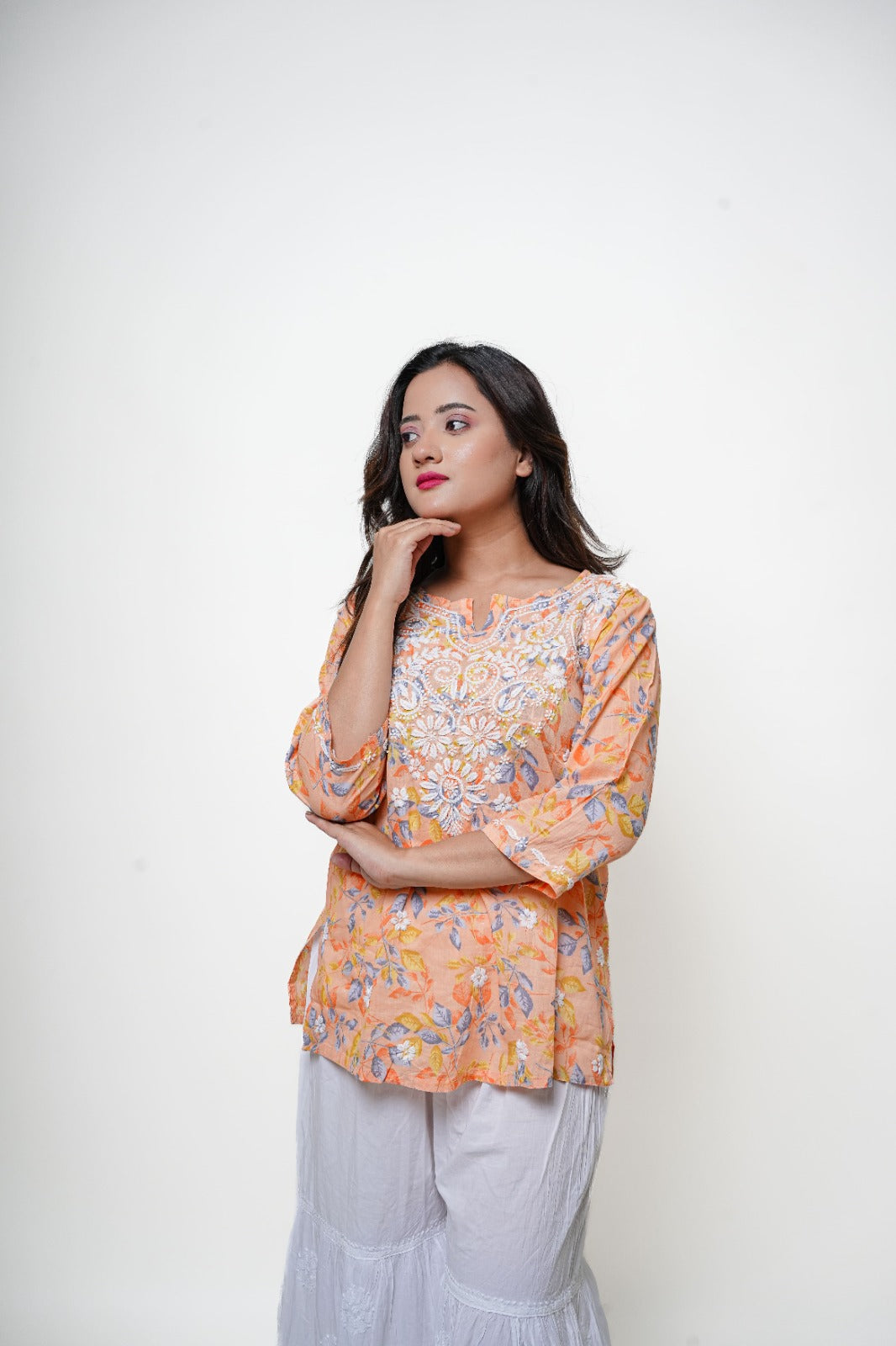 Chikankari Hand Embroidered | Short Kurti | Mul cotton | Peach Floral
