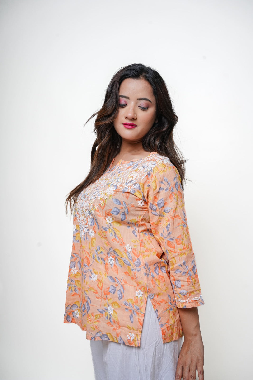 Chikankari Hand Embroidered | Short Kurti | Mul cotton | Peach Floral