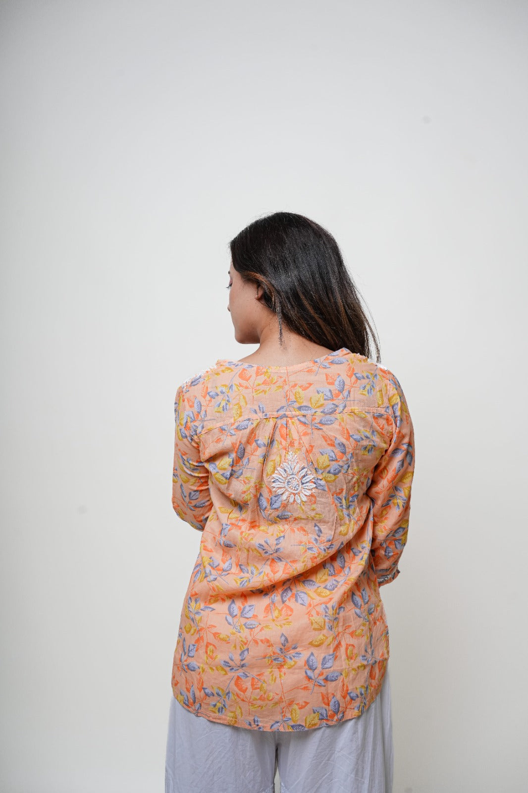 Chikankari Hand Embroidered | Short Kurti | Mul cotton | Peach Floral