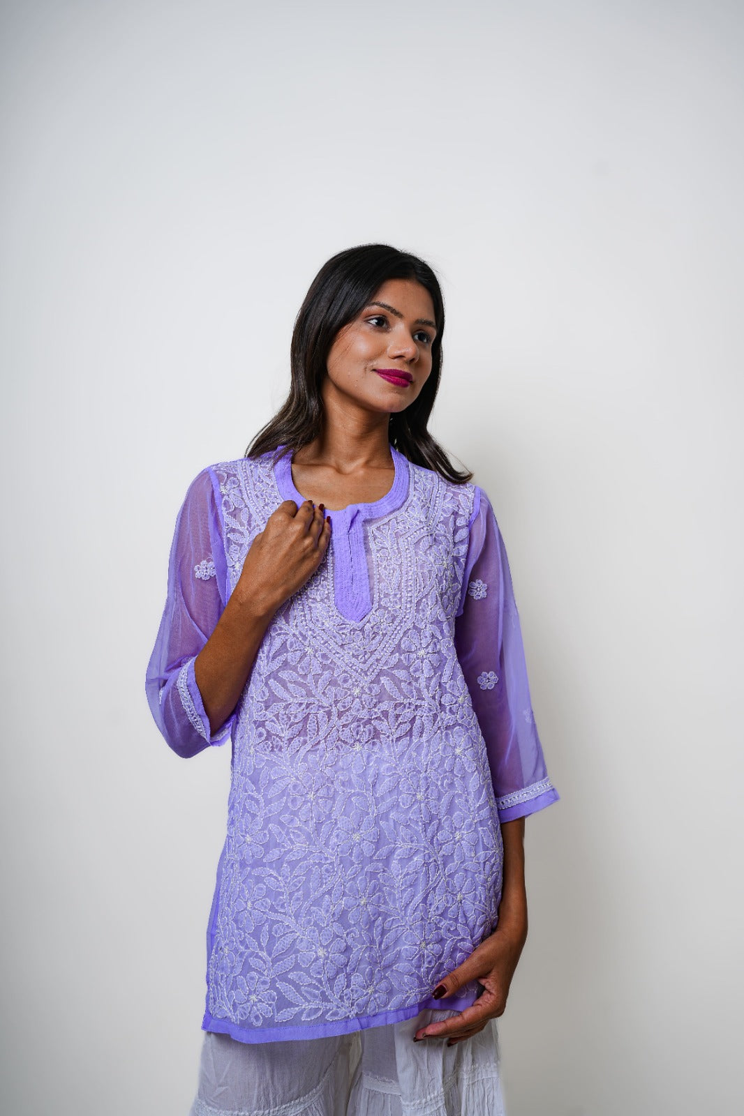 Chikankari hand embroidered | Short Kurti | Georgette | Lilac