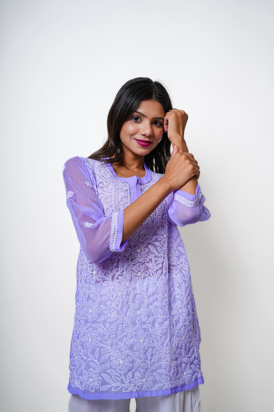 Chikankari hand embroidered | Short Kurti | Georgette | Lilac
