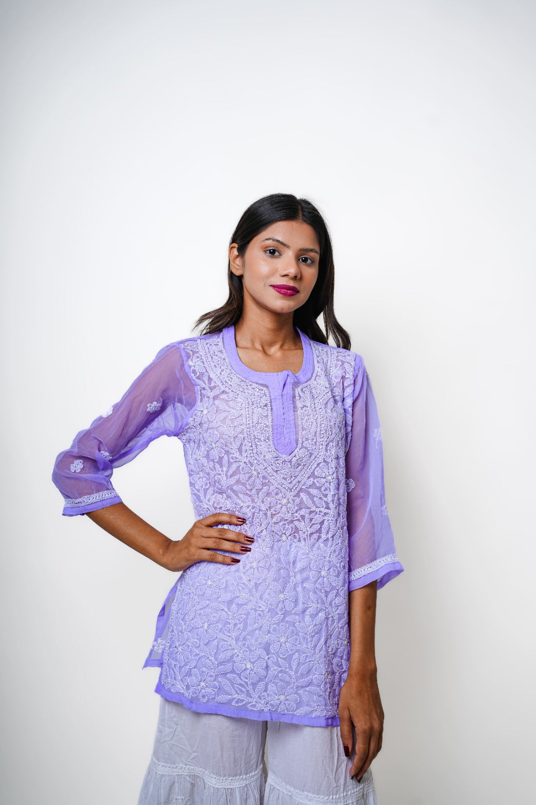 Chikankari hand embroidered | Short Kurti | Georgette | Lilac