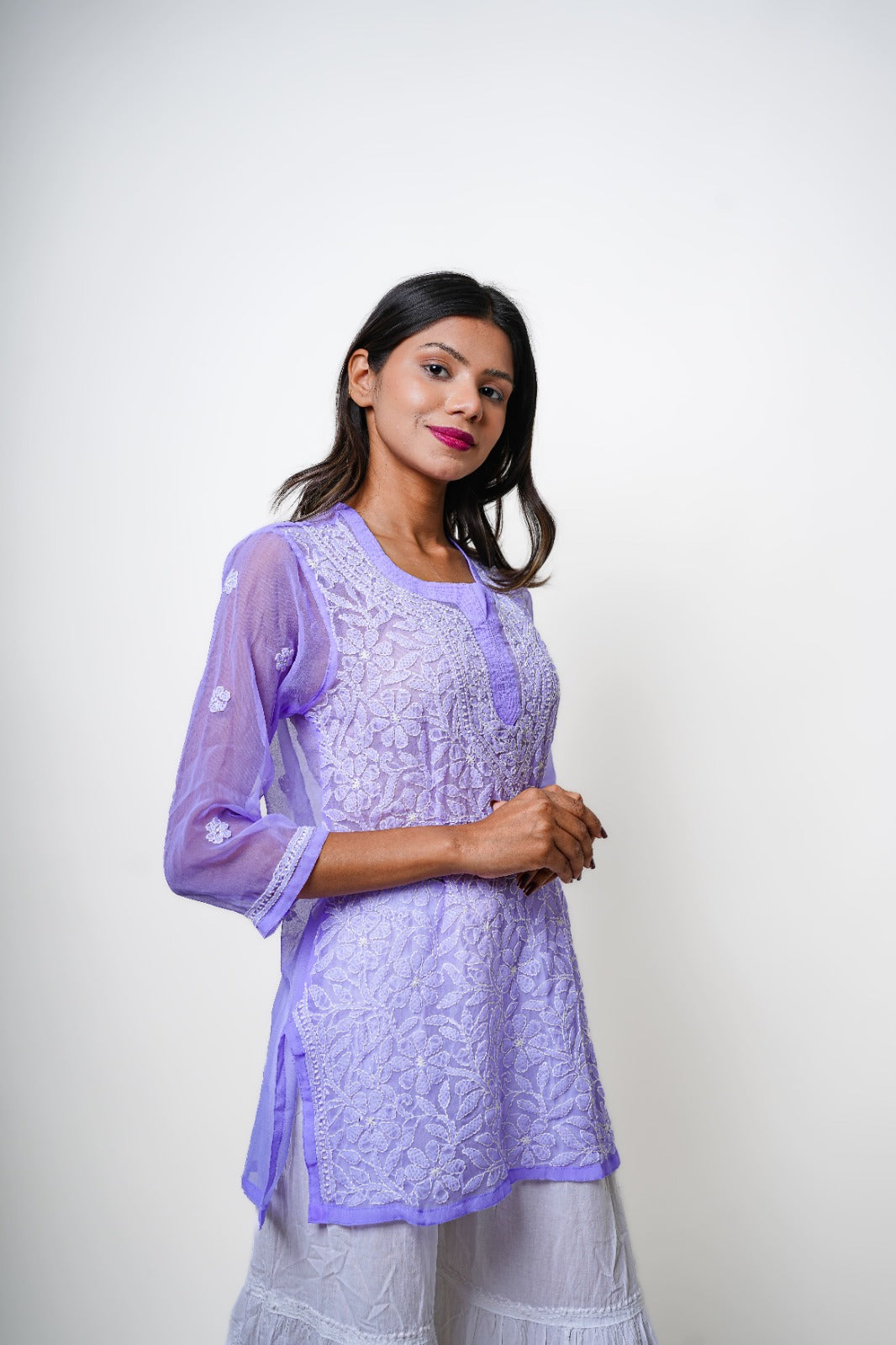 Chikankari hand embroidered | Short Kurti | Georgette | Lilac