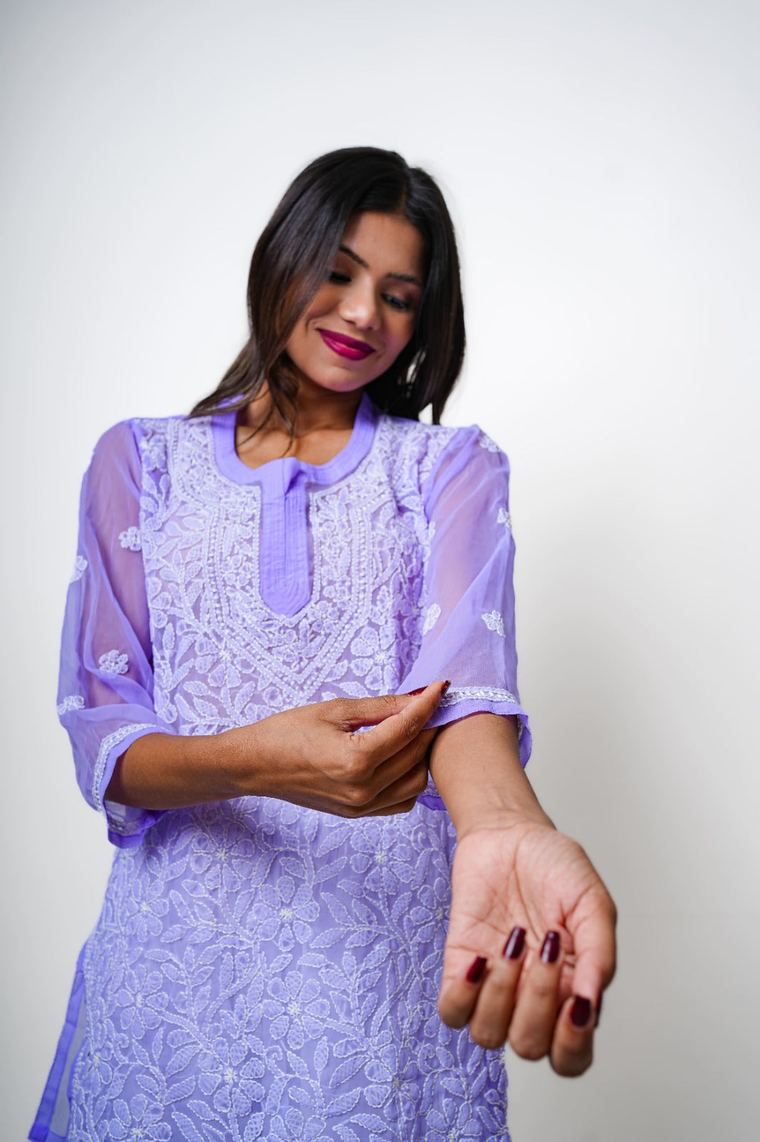 Chikankari hand embroidered | Short Kurti | Georgette | Lilac