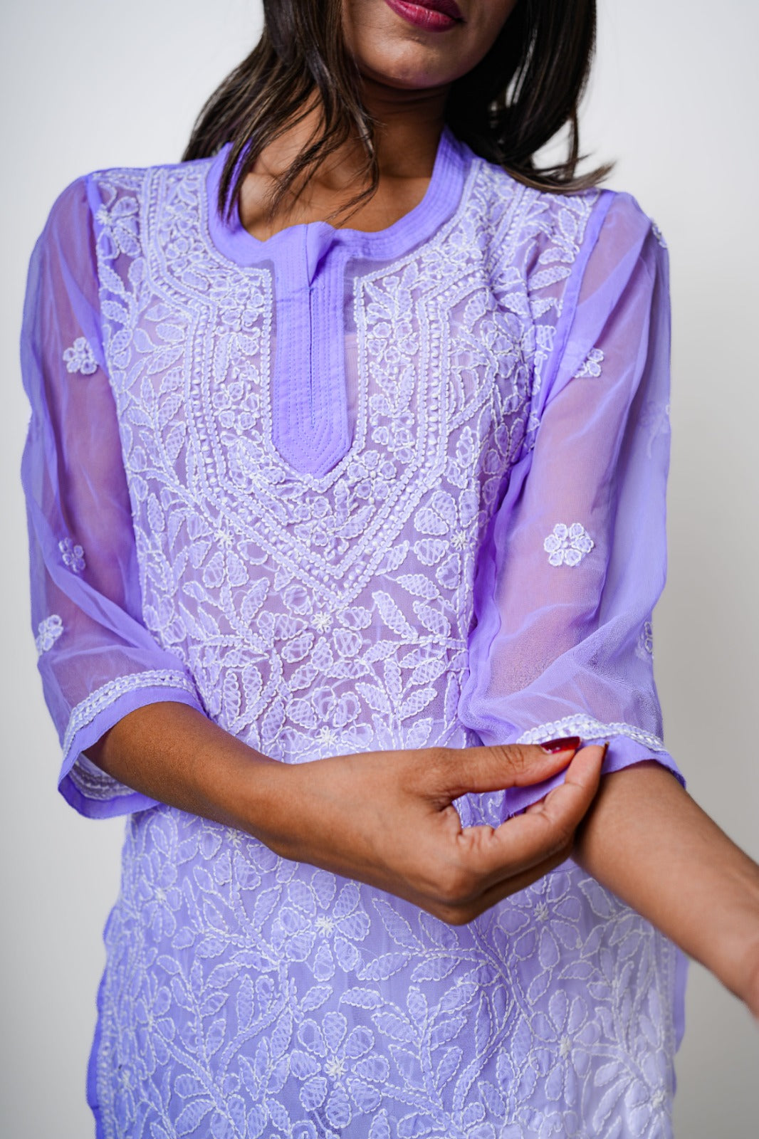 Chikankari hand embroidered | Short Kurti | Georgette | Lilac