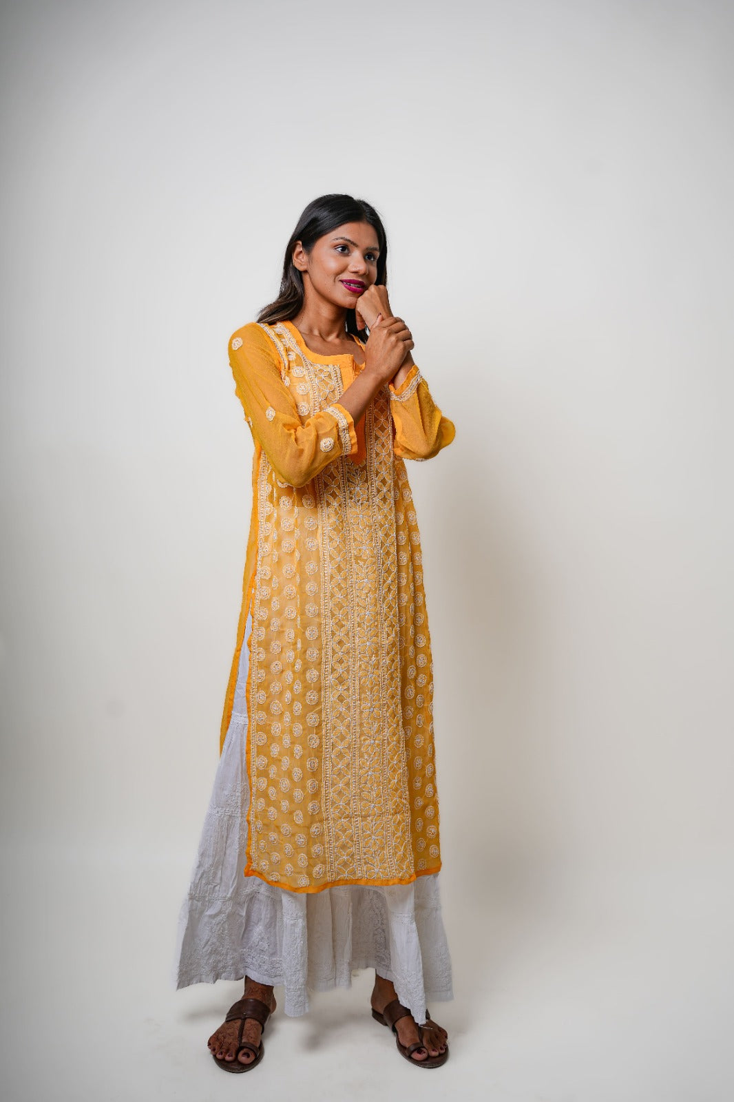 Chikankari hand embroidered | Long Straight Kurta | Georgette | Yellow