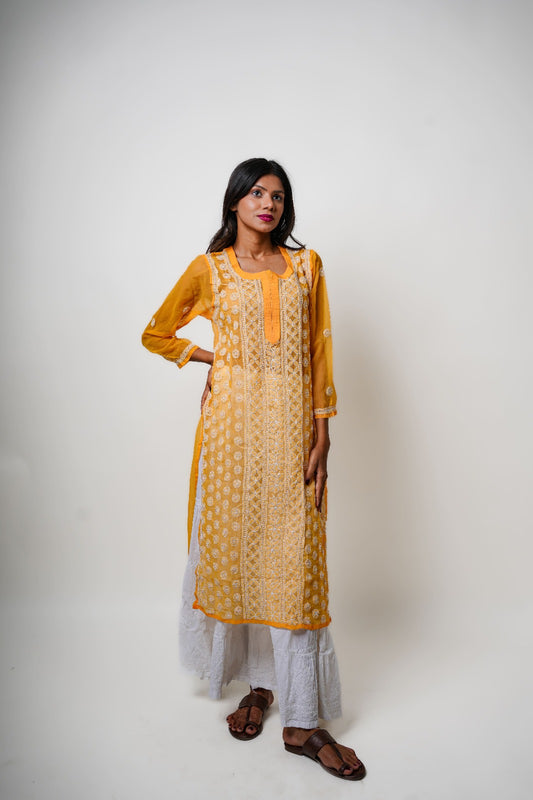 Chikankari hand embroidered | Long Straight Kurta | Georgette | Yellow