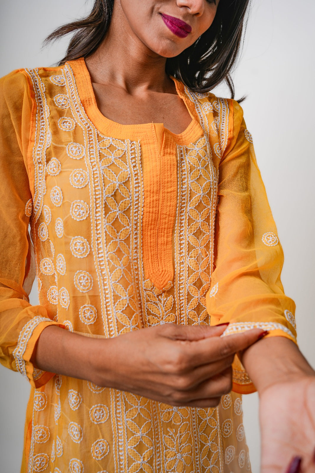 Chikankari hand embroidered | Long Straight Kurta | Georgette | Yellow