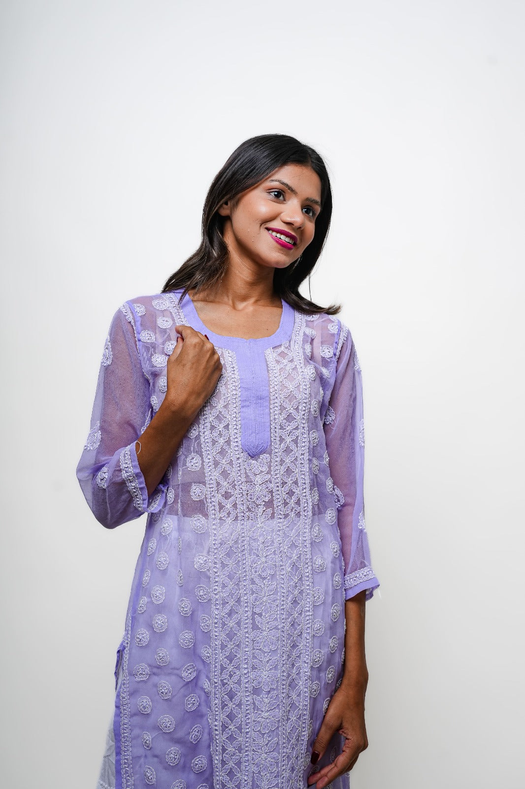Chikankari hand embroidered | Long Kurta | Georgette | Lilac