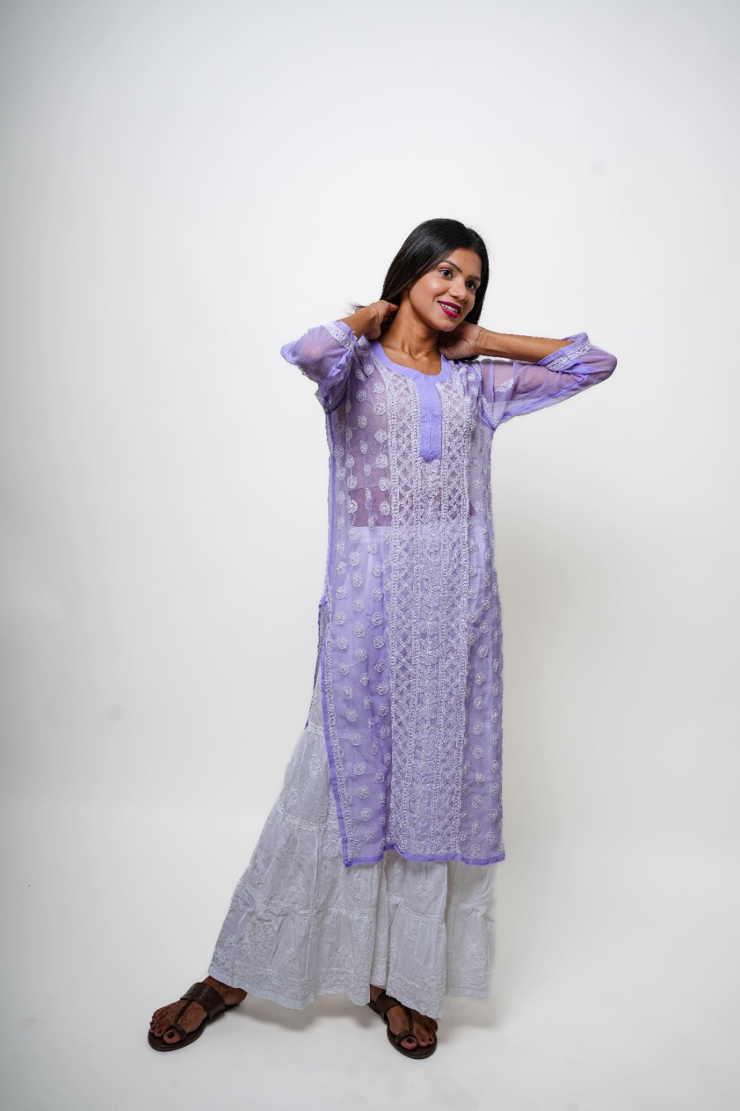 Chikankari hand embroidered | Long Kurta | Georgette | Lilac