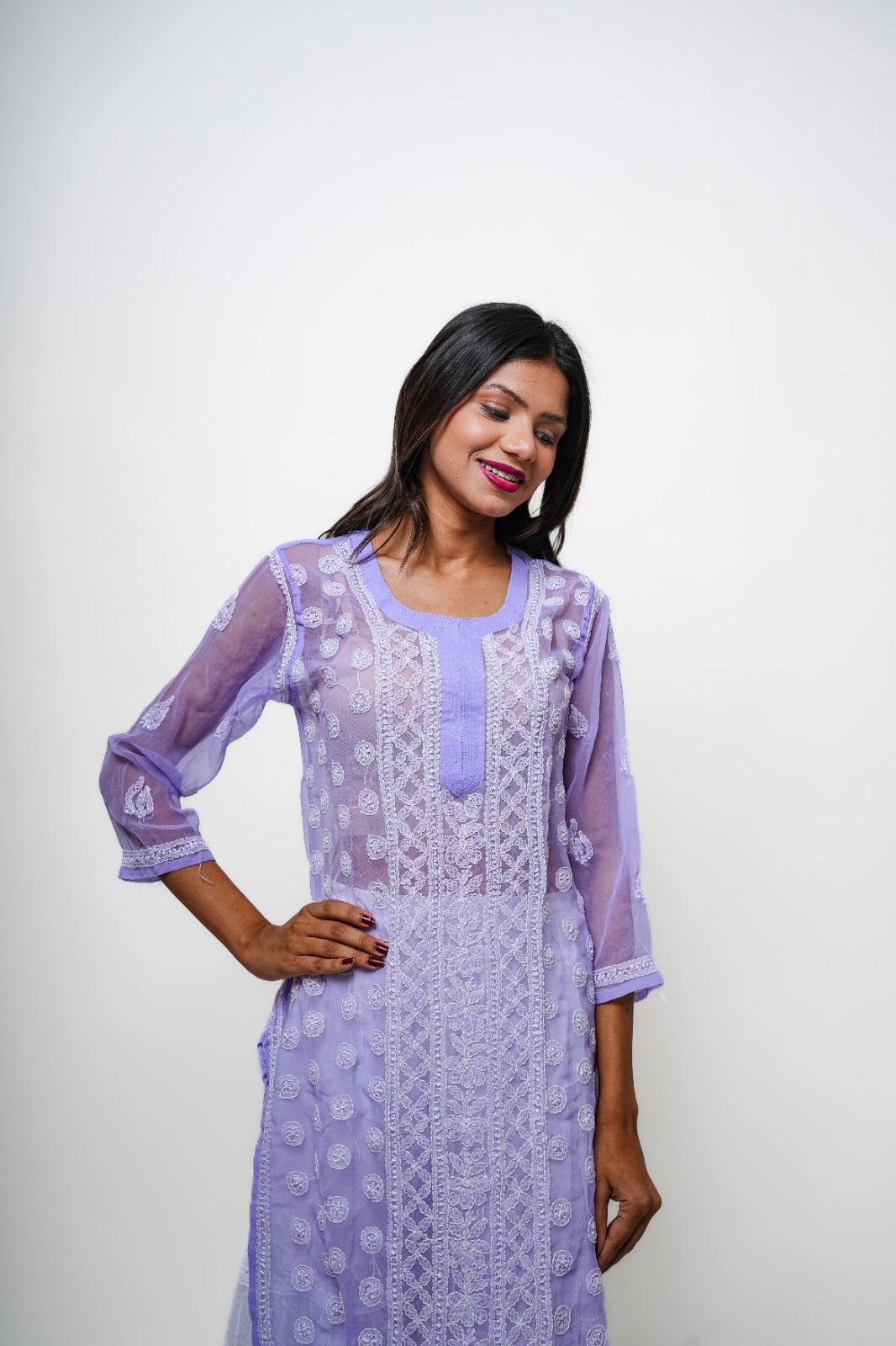 Chikankari hand embroidered | Long Kurta | Georgette | Lilac