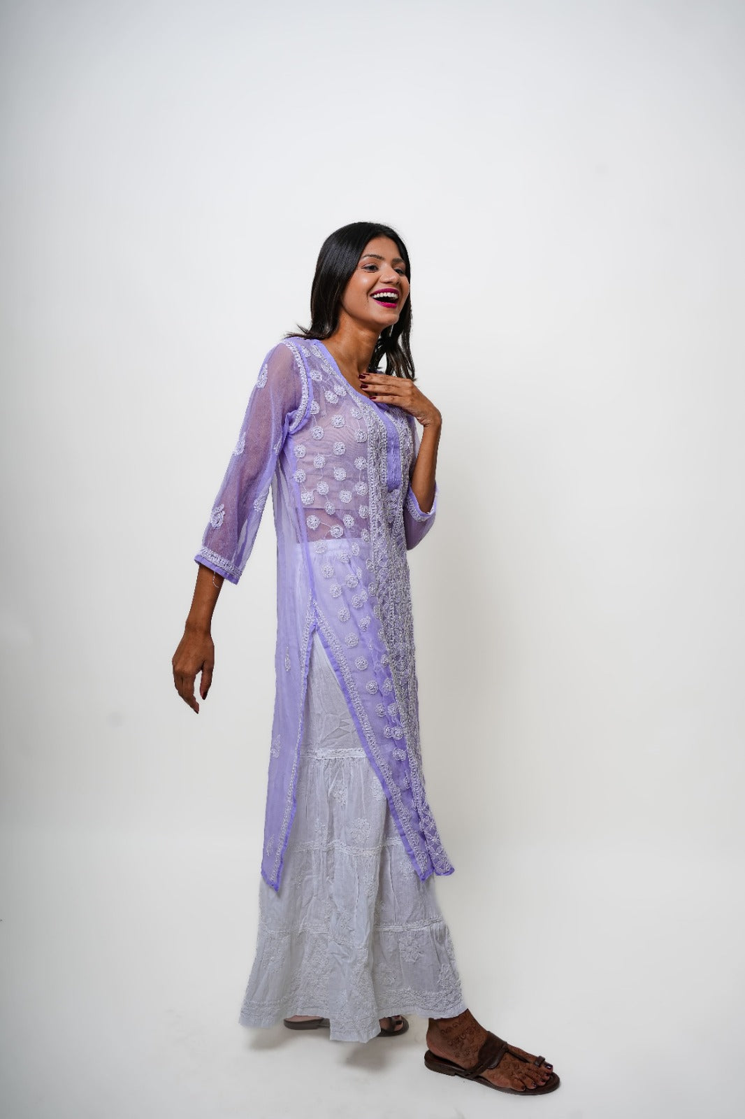 Chikankari hand embroidered | Long Kurta | Georgette | Lilac