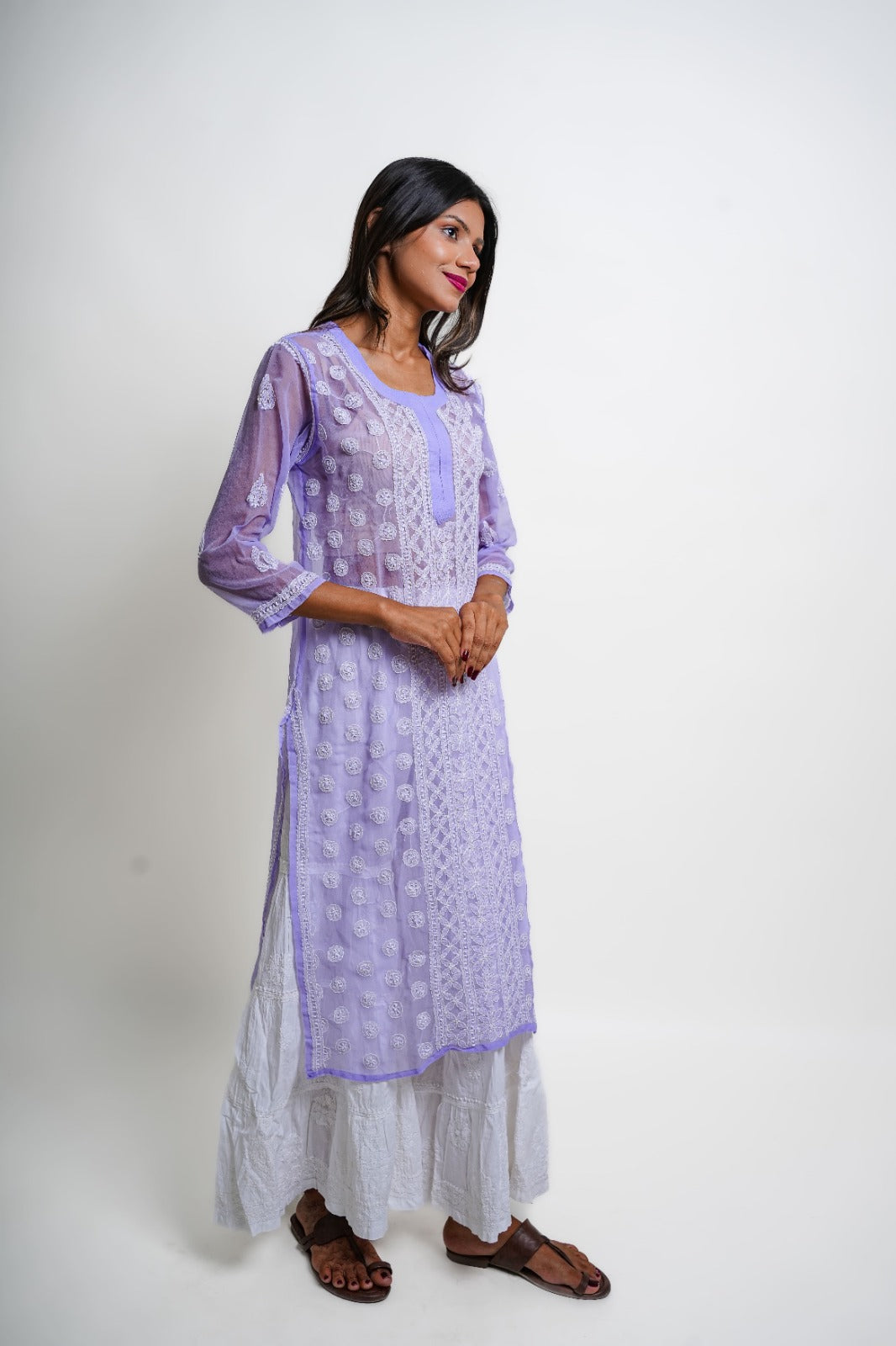 Chikankari hand embroidered | Long Kurta | Georgette | Lilac