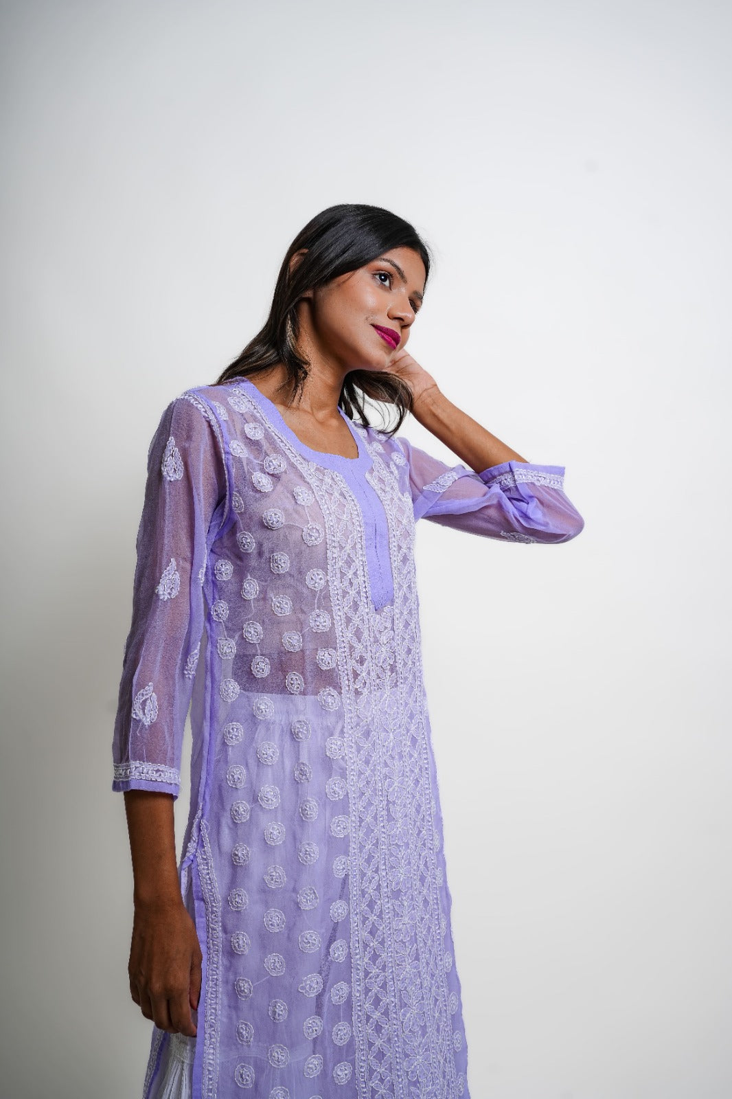 Chikankari hand embroidered | Long Kurta | Georgette | Lilac
