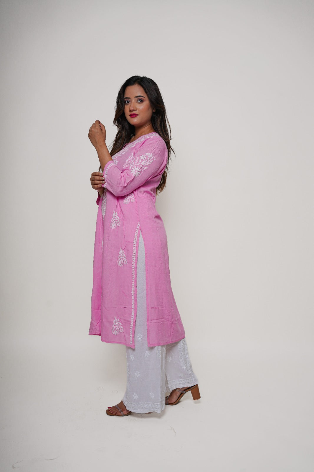 Chikankari hand embroidered | Long Kurta | Rayon | Pink