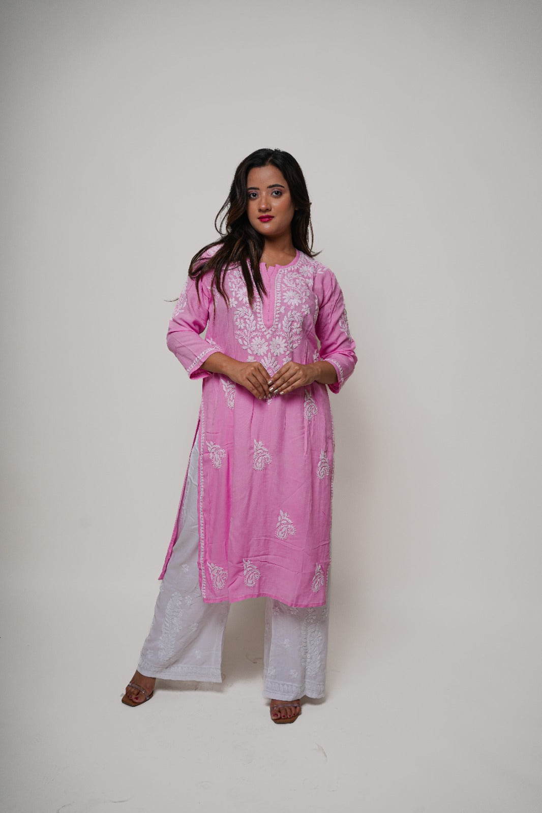 Chikankari hand embroidered | Long Kurta | Rayon | Pink