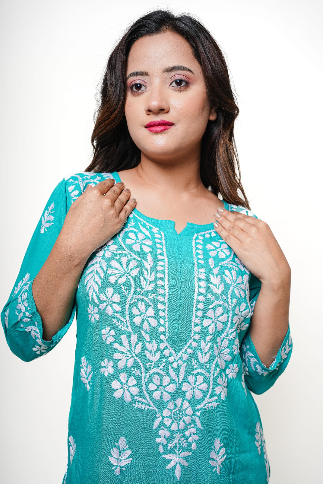 Chikankari hand embroidered | Long Kurta | Rayon | Teal Green