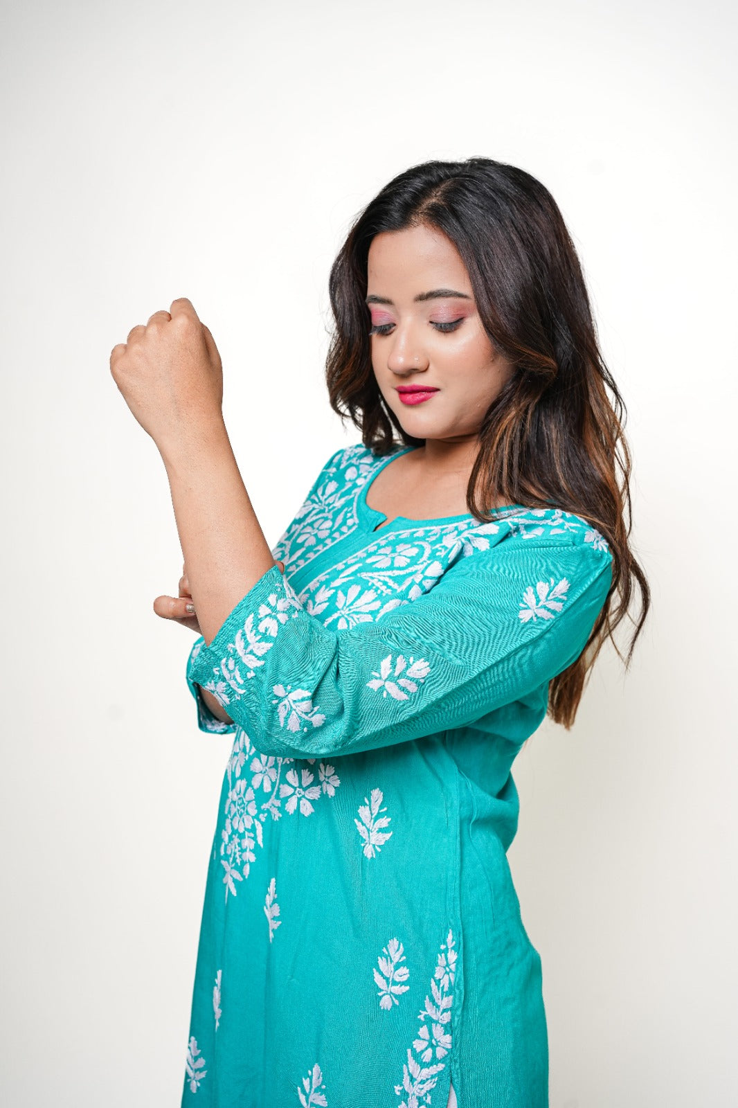 Chikankari hand embroidered | Long Kurta | Rayon | Teal Green