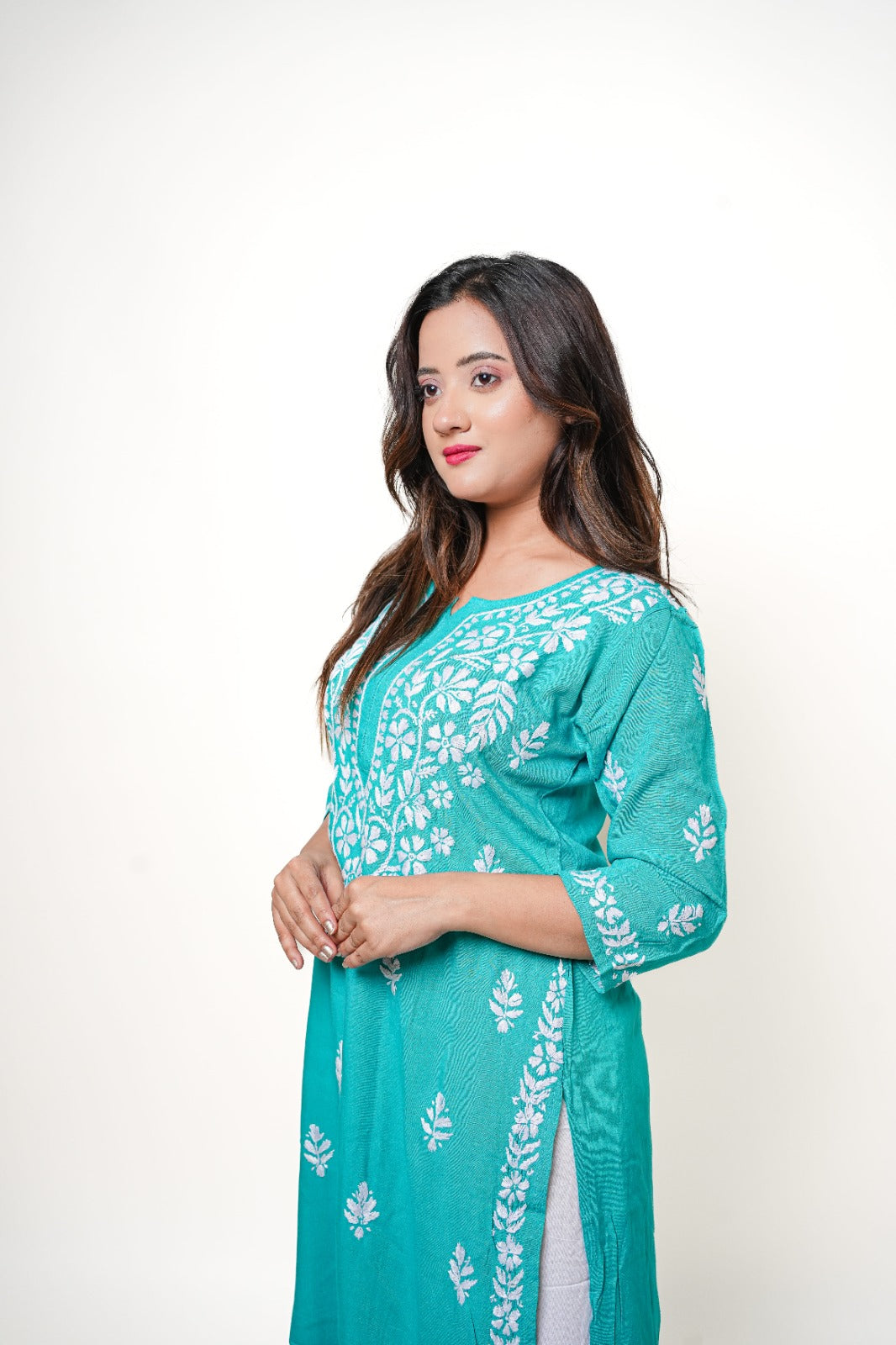 Chikankari hand embroidered | Long Kurta | Rayon | Teal Green