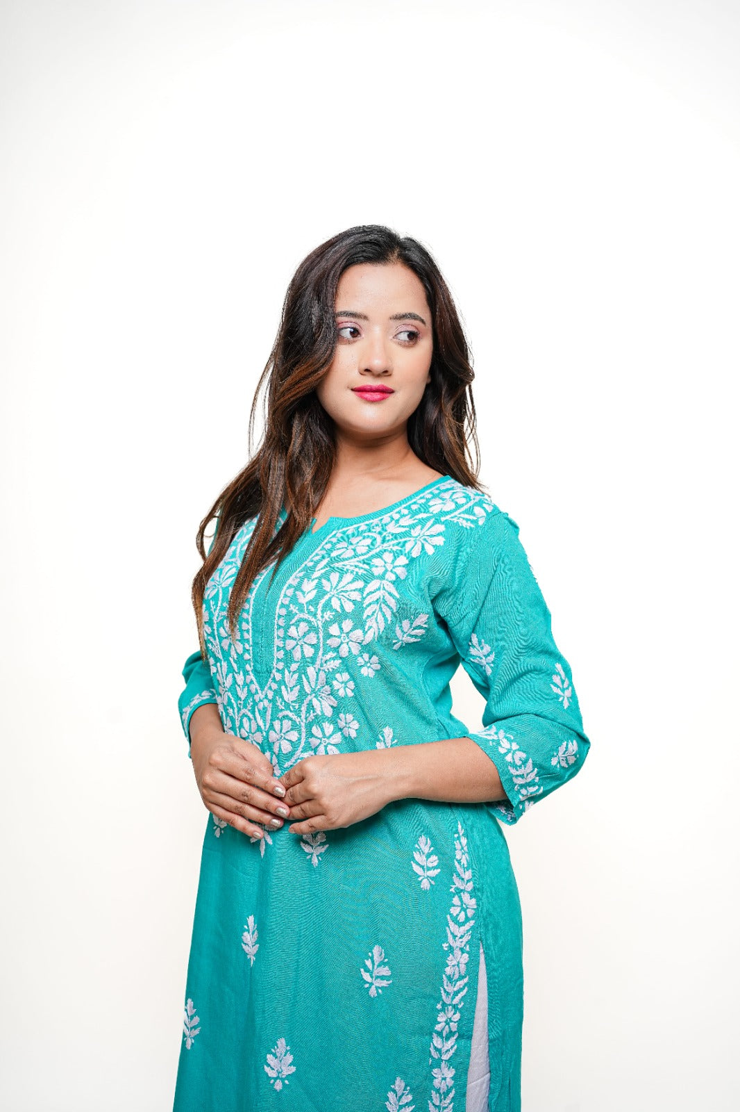 Chikankari hand embroidered | Long Kurta | Rayon | Teal Green