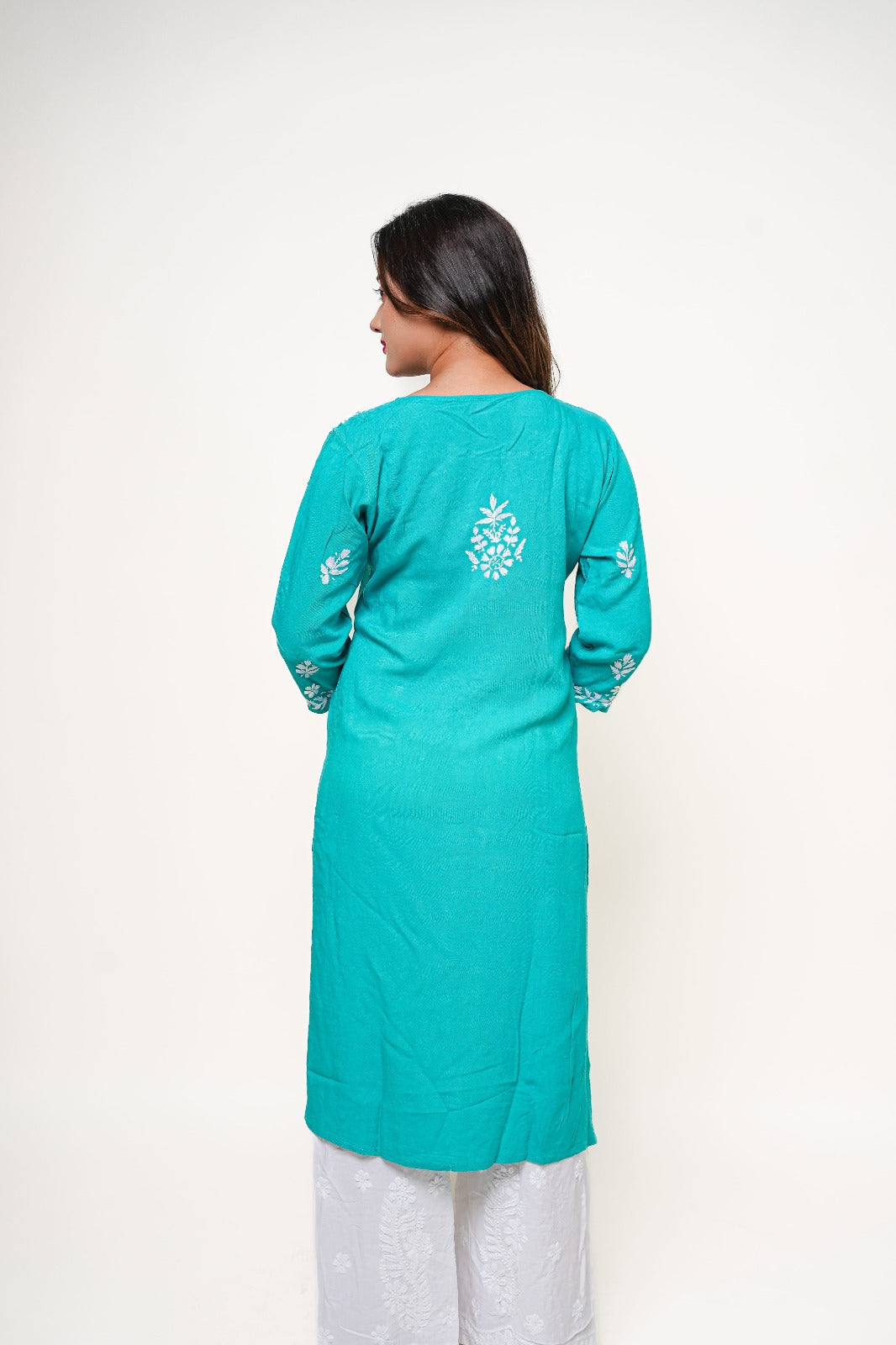 Chikankari hand embroidered | Long Kurta | Rayon | Teal Green