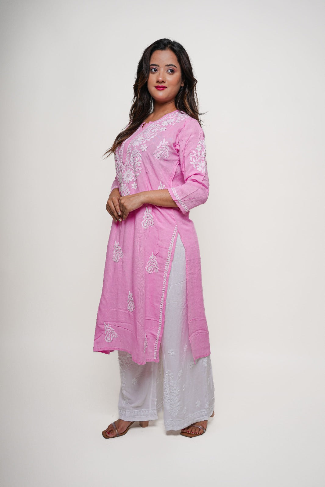 Chikankari hand embroidered | Long Kurta | Rayon | Pink