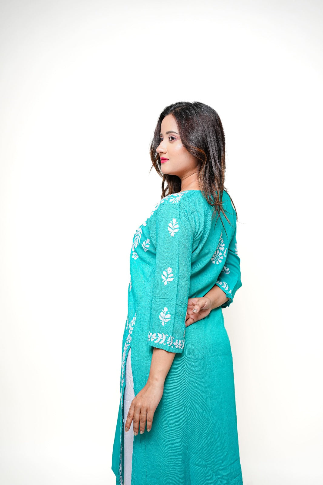 Chikankari hand embroidered | Long Kurta | Rayon | Teal Green