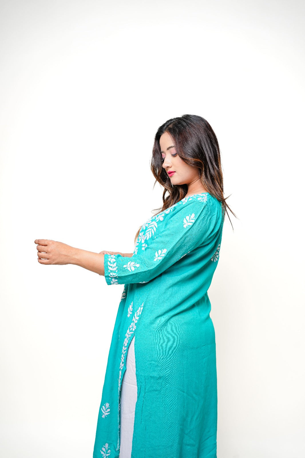 Chikankari hand embroidered | Long Kurta | Rayon | Teal Green