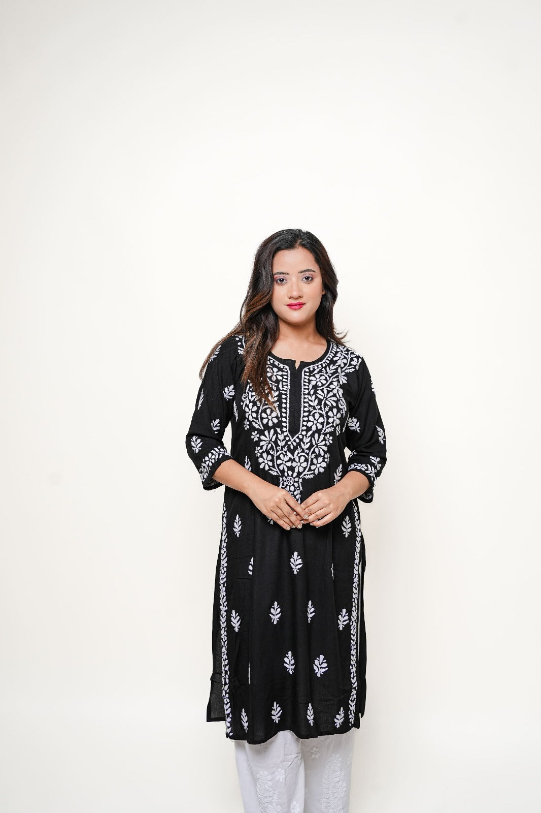 Chikankari hand embroidered | Long Kurta | Rayon | Black