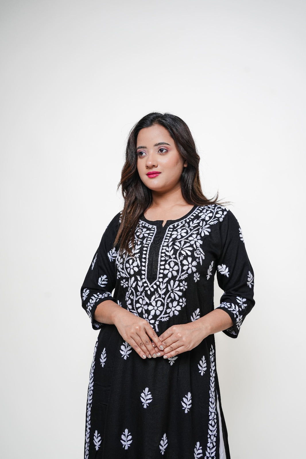Chikankari hand embroidered | Long Kurta | Rayon | Black