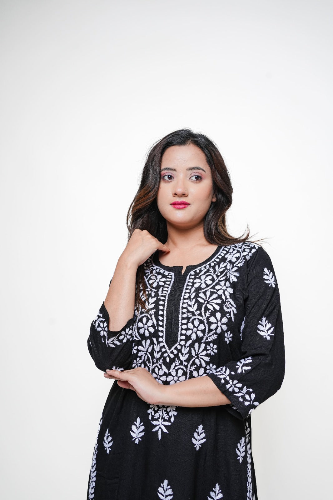 Chikankari hand embroidered | Long Kurta | Rayon | Black