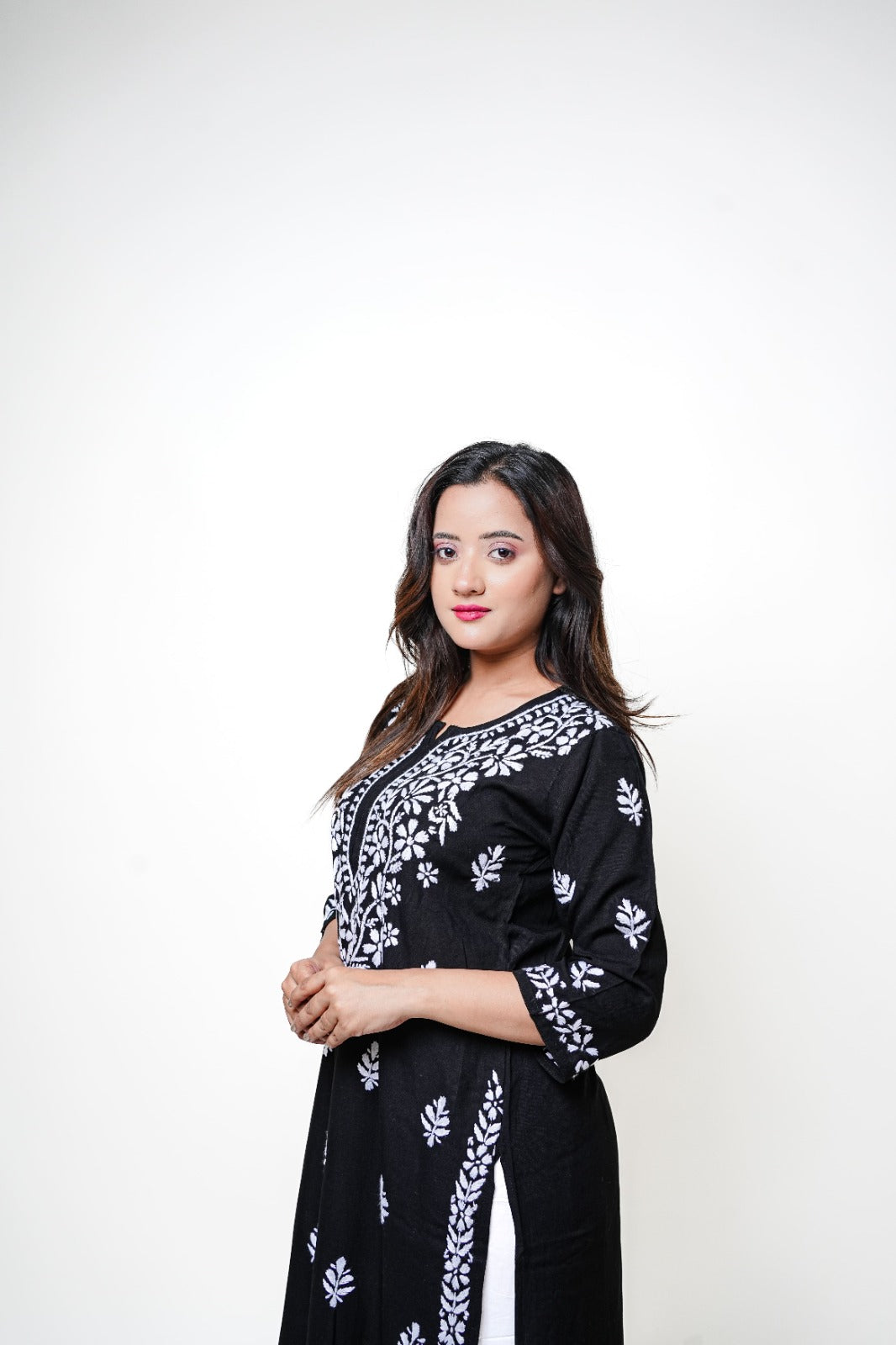 Chikankari hand embroidered | Long Kurta | Rayon | Black