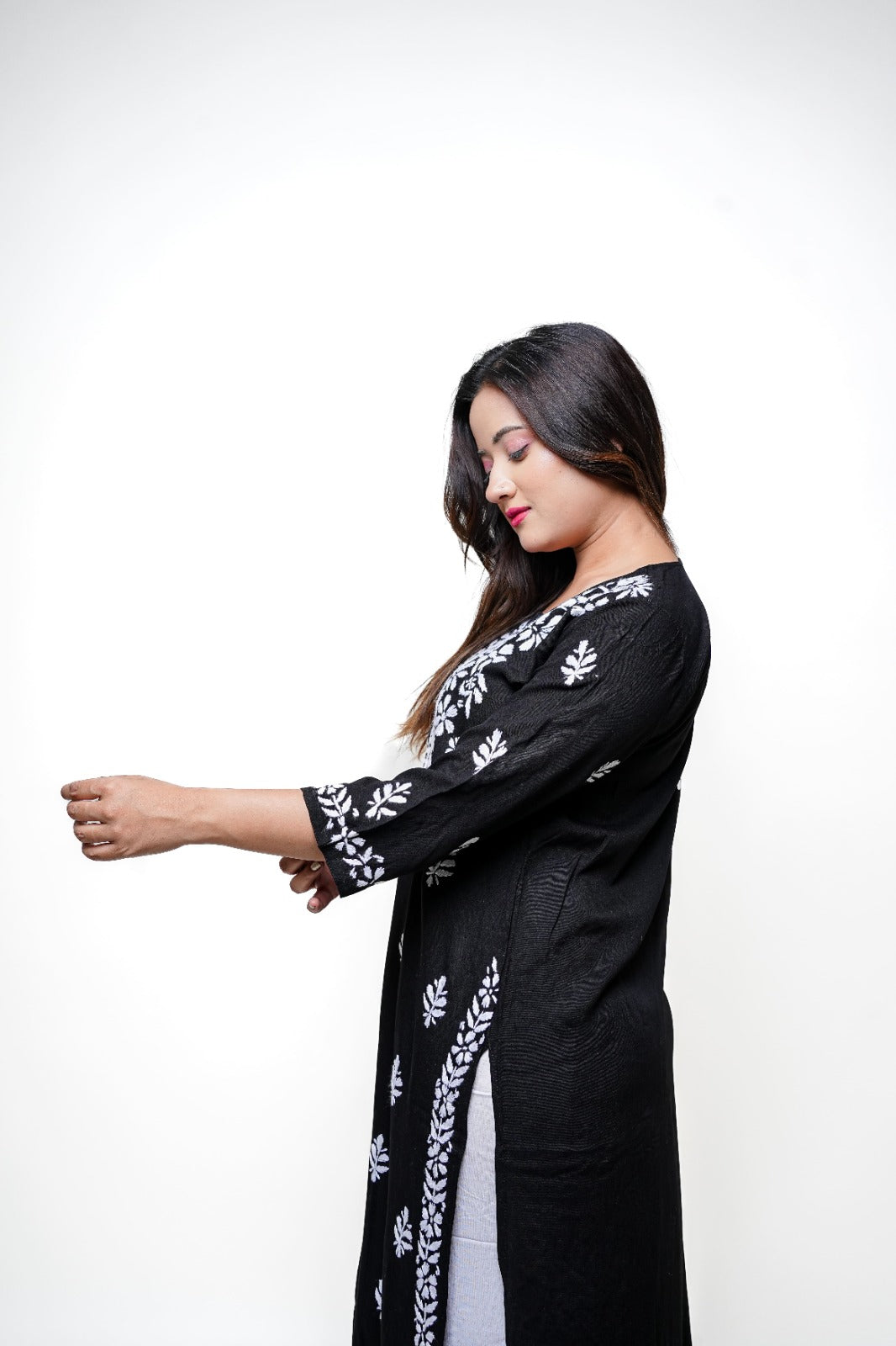 Chikankari hand embroidered | Long Kurta | Rayon | Black
