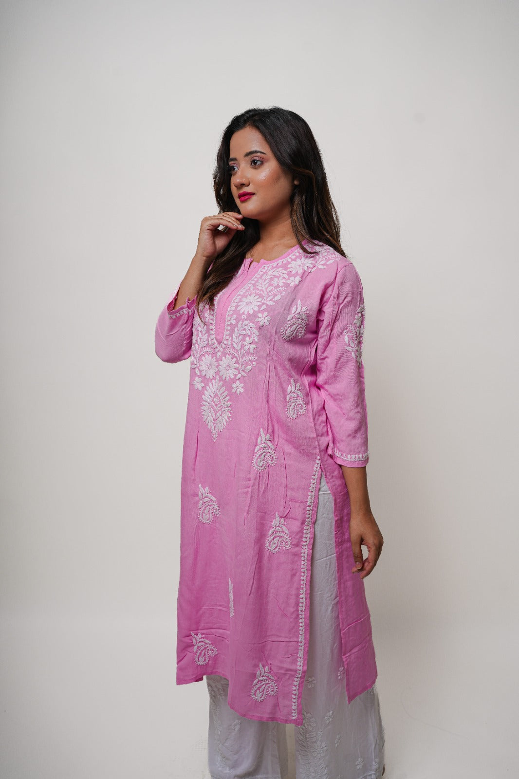 Chikankari hand embroidered | Long Kurta | Rayon | Pink