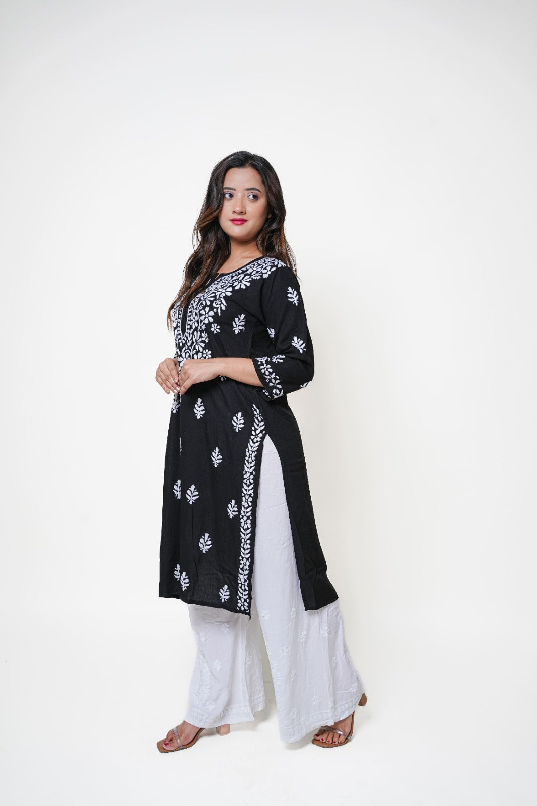 Chikankari hand embroidered | Long Kurta | Rayon | Black