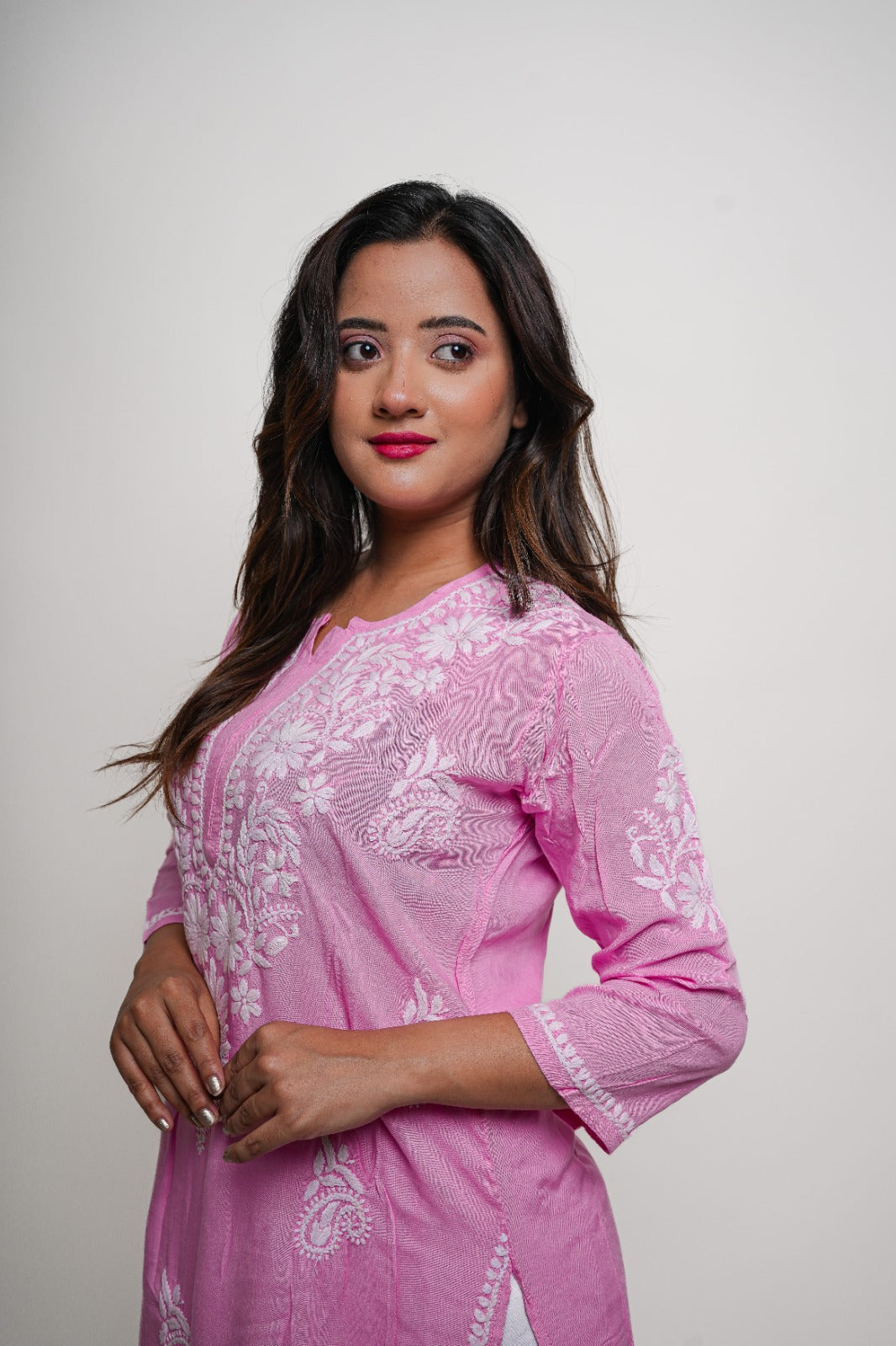 Chikankari hand embroidered | Long Kurta | Rayon | Pink
