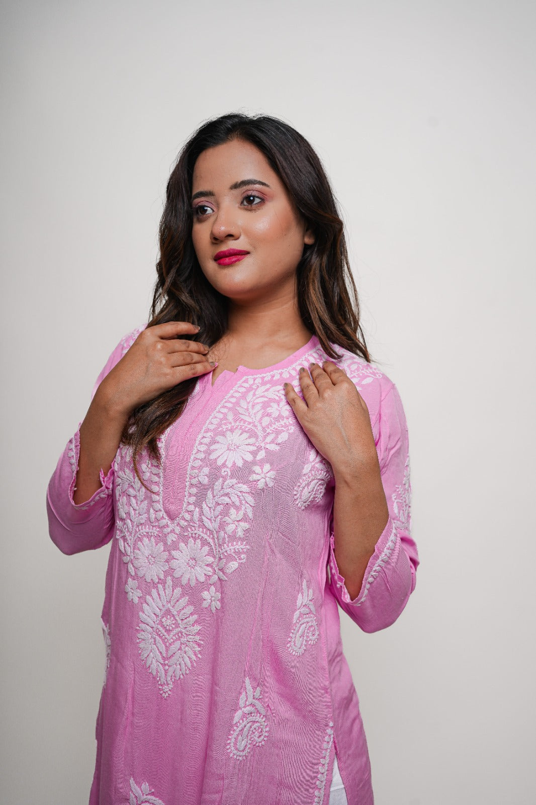 Chikankari hand embroidered | Long Kurta | Rayon | Pink